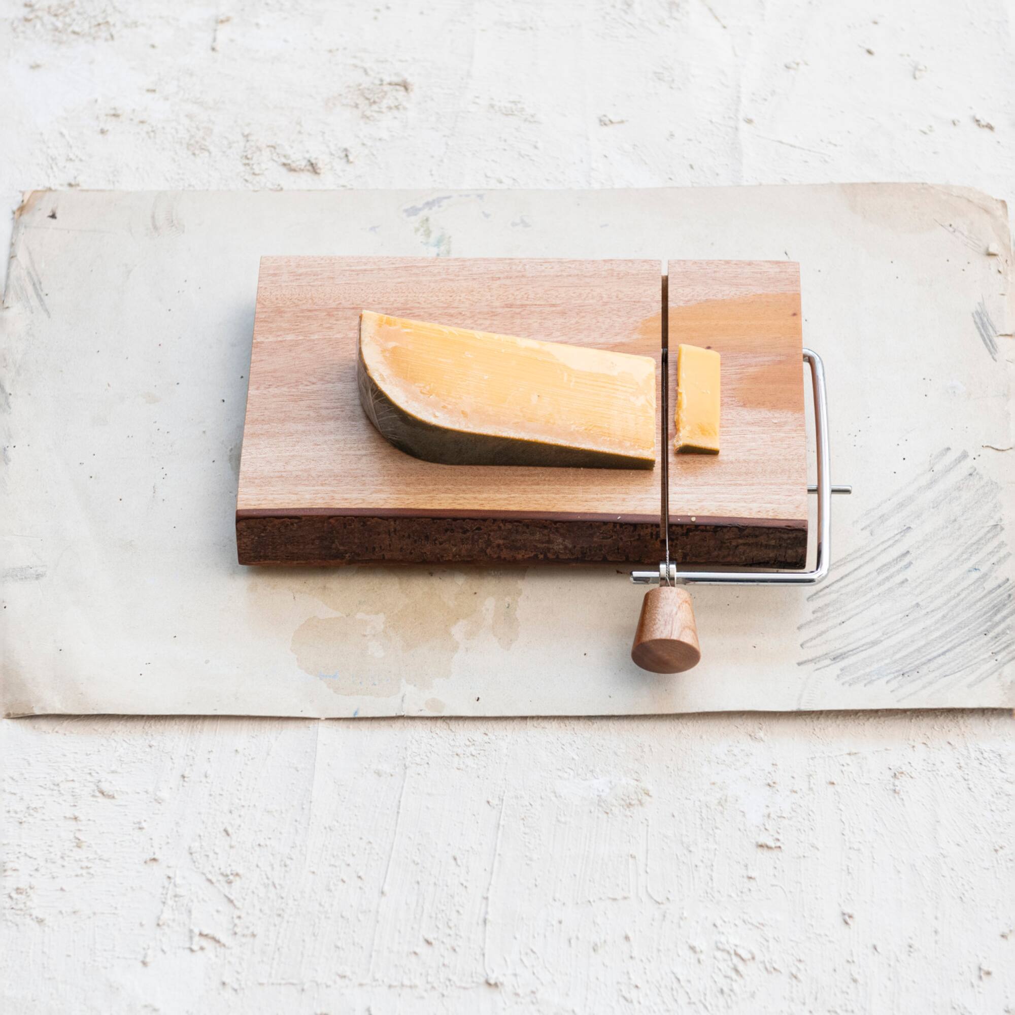 Hello Honey® 10.5" Natural Wood & Metal Cheese Slicer with Bark Edge